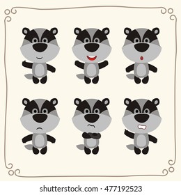 Set of cute badger in different emotions in cartoon style.
