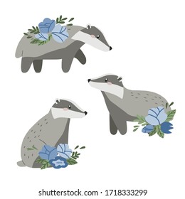 Set of cute badgers with blue flowers. Vector illustration.