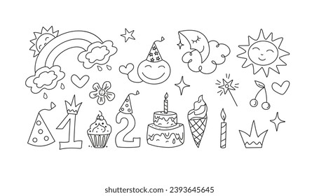 Set Cute badges, cartoon birthday attributes. Happy birthday. Children's holiday, magical doodles. Vector illustration, sketch. Sweets, candles, cap, crown, numbers. Line icons.