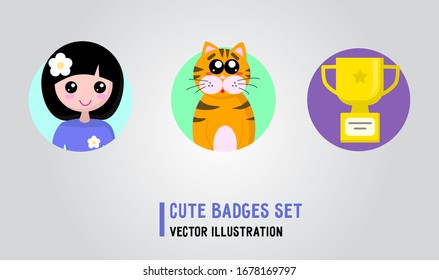 Juego de adorables insignias con una joven sonriente, un gato tímido y un trofeo de primer lugar. Ilustración vectorial en estilo plano para impresiones, niños, escuelas, kindergarten, sitios web, aplicaciones y textiles.