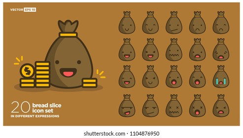 Set of Cute Bag Sack Icon Emoji Line Icons In Different Expressions