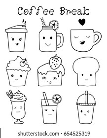 Set of cute bakery and coffee hand drawn doodle on white background.