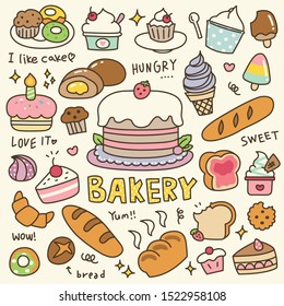 Set of Cute Bakery, Pastry and Dessert Doodle. Hand Drawn. Vector Illustration.