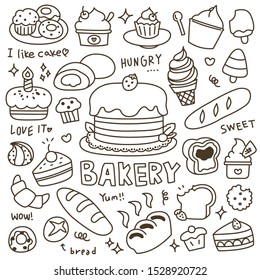 Set Of Cute Bakery, Pastry And Dessert Doodle. Hand Drawn. Vector Illustration.