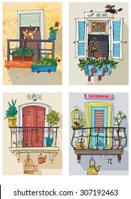 set of cute balconies - cartoon