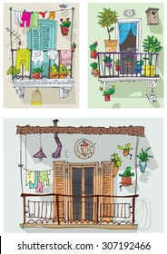 set of cute balconies - cartoon