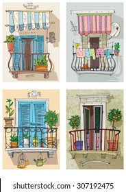 set of cute balconies - cartoon