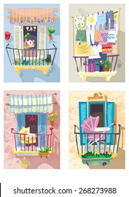 set of cute balconies - cartoon vector