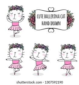 set of cute ballerina cat hand drawn