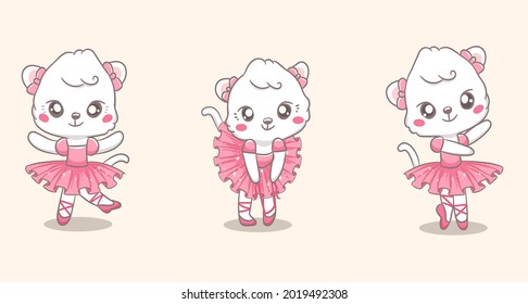 Set of cute ballerina cats dancing with pink  dress cartoon vector