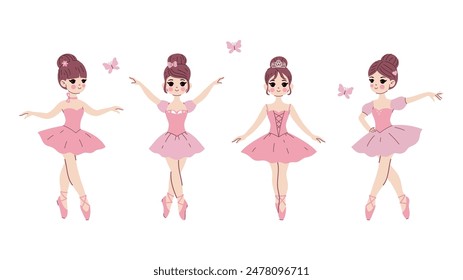 Set of cute ballerinas in pink dresses isolate on a white background. Vector graphics.