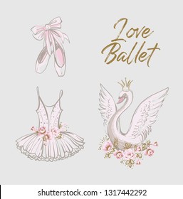 Set of cute ballet elements: pointe ballet shoes, tutu dress, princess swan, I love ballet slogan. Hand drawn vector sketch. Gold and pink vintage baby girl watercolor illustration on white background