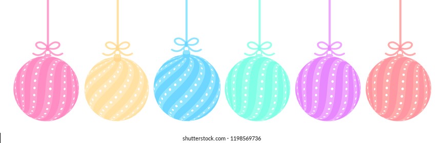 Set of cute balls in pastel colors (red, yellow, pink, blue, green, purple). Toys with stripes and dots hangs on thin ribbon bow. Element of Christmas tree decoration. Xmas vector isolated on white.