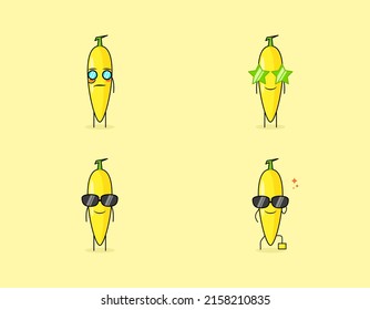 Set of cute banana cartoon character with serious, smile and eyeglasses expression. suitable for emoticon, logo, symbol and mascot