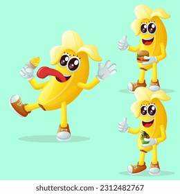 Set of cute banana characters enjoying food. Perfect for kids, merchandise and sticker, banner promotion or blog
