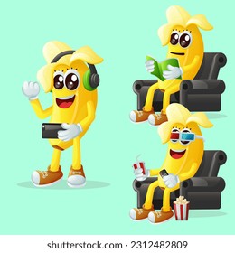 Set of cute banana characters enjoying leisure activities. Perfect for kids, merchandise and sticker, banner promotion or blog
