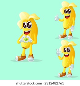 Set of cute banana characters making playful hand signs. Perfect for kids, merchandise and sticker, banner promotion or blog
