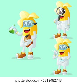 Juego de lindos personajes bananeros como científicos. Perfecto para niños, mercadería y pegatinas, promoción de banners o blog
