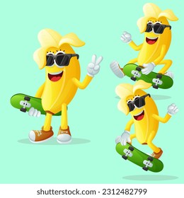 Set of cute banana characters skateboarding. Perfect for kids, merchandise and sticker, banner promotion or blog
