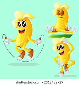 Set of cute bananas character exercising. Perfect for kids, merchandise and sticker, banner promotion or blog
