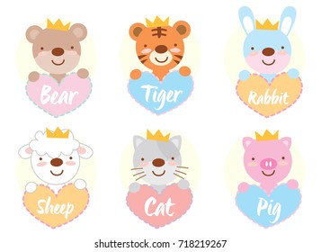 Set Cute Banner Animals vector (bear, tiger, rabbit, sheep, cat, pig)