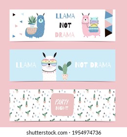 Set of cute banner with llama and cactus.Vector illustration for baby invitation, kid birthday invitation,banner and postcard