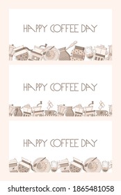 Set of cute banner template with a gazer coffee maker, pot, grinder, cezve, pack, cup, glass, french press and hand drawn lettering. White background. Flat linear style illustration.