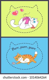 Set of cute banners with playing cats vector illustration of white and orange kittens with blue and green eyes that are having fun with ball and mouse