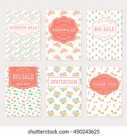 Set of cute banners in white, pink, gold and turquoise colors. Wedding invitations, thank you card and sale labels. Vector templates collection.