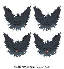 Set of cute bat heads. Emoji. Sticker. Vector illustration of different emotions of vampire avatar in flat style. Bat-eared snout of grey flying creature. Element for your design and communication.