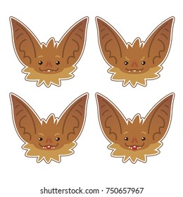 Set of cute bat heads. Emoji. Sticker. Vector illustration of different emotions of vampire avatar in flat style. Bat-eared snout of brown flying creature. Element for your design and communication.