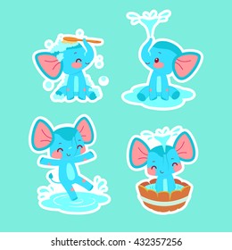 Set of cute bathing and playing in water baby elephants. Vector cartoon illustrations for decoration and baby shower invitation.