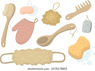 Set of cute bathroom elements. Soap, sponge, brush, glove, comb, pumice