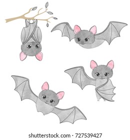 Set cute bats  flying  hanging the tree  Vector illustration 