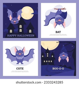 Set süße Fledermäuse auf dem Hintergrund des Schlosses und der Vollmond in der Nacht und auf weißem Hintergrund. Vektorgrafik von Halloween-Zeichentricksymbolen im flachen Design