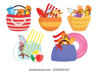 Set of cute beach bags with things in cartoon style. Vector illustration of beach bags with different things: sunglasses, flip flops,water bottle,sunscreen,headband,ball,isolated on white background.