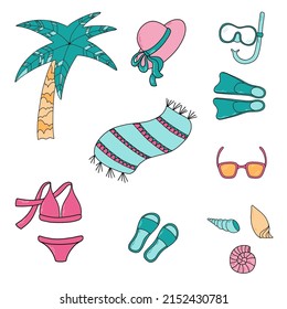 Set of cute beach elements: palm tree, hat, swimsuit, towel, flip flop, sunglasses, shells, snorkel equipment. Perfect for summertime poster, card, scrapbooking, invitation. Vector illustrations.