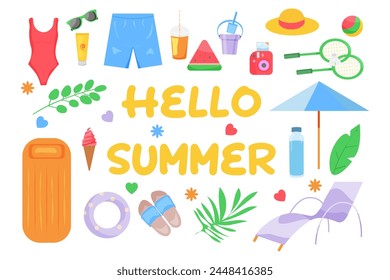 set of cute beach elements for a summer vacation. Hello summer. vector illustration.