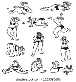 Set with cute beach girls. Doodle woman character sunbathing in different poses. Isolated human figures. Vector illustration in sketchy style