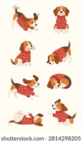 Set of cute beagle dogs in red winter sweaters doing various activities, isolated on white background, vector illustration.