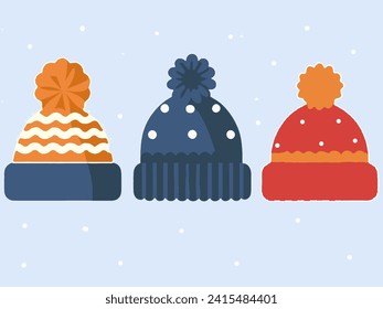 set of cute beanie or winter hat. flat cartoon vector illustration. Cartoon knitted cap.