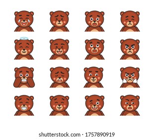 Set of cute bear avatars, emoticons showing various emotions. Chibi bear amazed, surprised, angry, begging, thinking and showing other expressions. Vector illustration