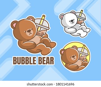 set of cute bear boba mascot logo with optional apprearance. premium kawaii vector
