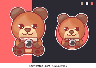 set of cute bear camera mascot logo with optional appearance. premium kawaii vector