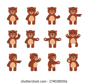 Set of cute bear character showing various hand gestures. Cheerful teddy bear pointing, greeting, celebrating, showing thumb up and other gestures. Vector illustration
