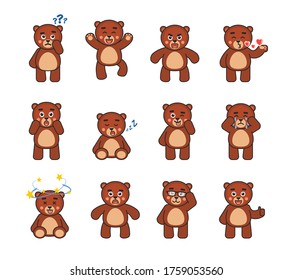 Set of cute bear character showing various emotions. Cheerful bear laughing, crying, in love, sleeping, angry and showing other expressions. Vector illustration