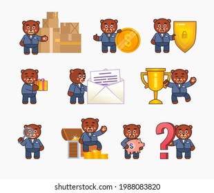 Set of cute bear characters in business suit in various situations. Chibi bear holding gift box, parcel, big coin, magnifier, standing near big shield, question mark. Vector illustration bundle