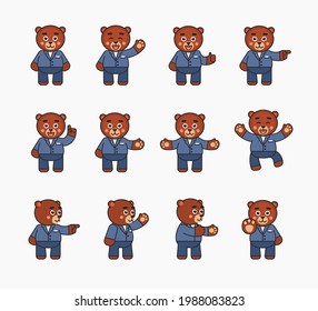 Juego de personajes adorables del oso en traje de negocios que muestran varios gestos a mano. Alegre oso de peluche señalando, saludando, celebrando, mostrando el pulgar hacia arriba y otros gestos. Ilustración del vector