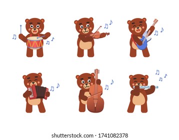 Set of cute bear characters playing on various music instruments. Chibi bear with drum, violin, guitar, flute, accordion, double bass. Vector illustration