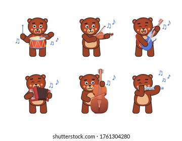 Set of cute bear characters playing on various music instruments. Chibi bear with drum, violin, guitar, flute, accordion, double bass. Vector illustration